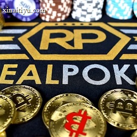 Stacks of poker chips in various colors are arranged in the background, while in the foreground, there are numerous golden coins featuring the Bitcoin symbol. The text 'REALPOKER' is prominently displayed in gold and silver lettering on a dark background.